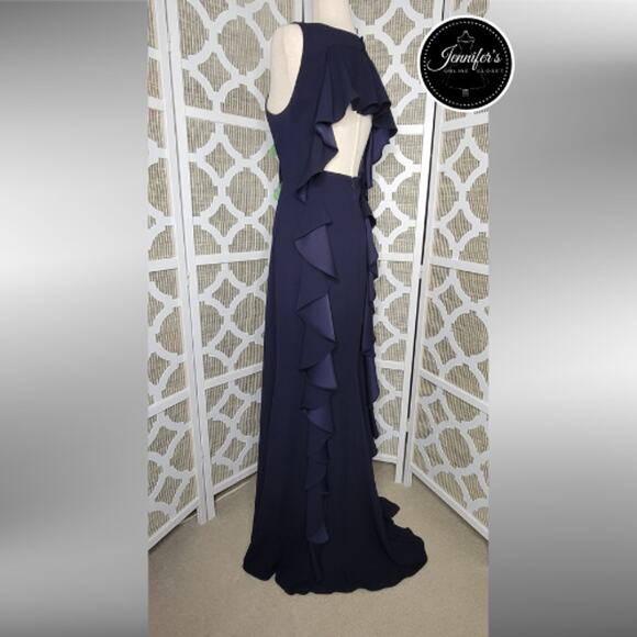 Vince Camuto Navy Blue Embellished Open Ruffle Back Crepe Gown Size 12 - Picture 5 of 16